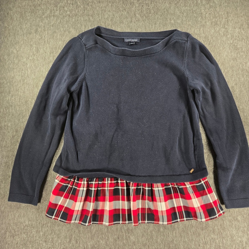 Tommy Hilfiger Sweater Womens‎ M Navy Plaid Layered Hem Preppy Academia